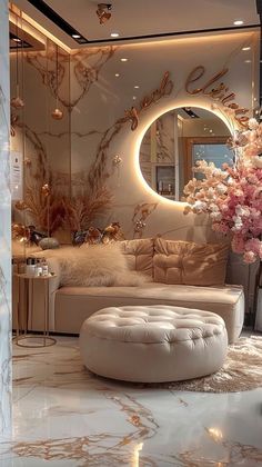 a living room filled with furniture and a round mirror on the wall over a marble floor