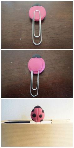 three pictures of ladybug paper clips on a table