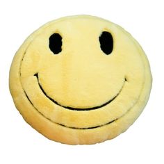 a yellow smiley face plush toy with black eyes and mouth, on a white background