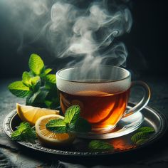 a cup of tea with steam rising out of it and lemon slices on the side