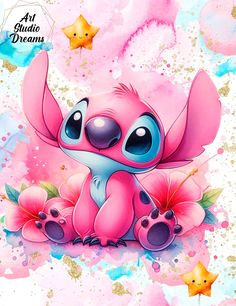 a pink and blue cartoon character sitting on top of flowers with stars in the background