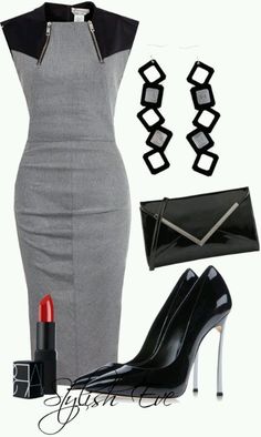 Stylish Eve, Neckline Dress, Grey Outfit, Black Clutch, Professional Attire, Grey Dress, Looks Chic, Professional Outfits, Business Attire