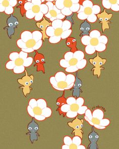 an image of some flowers and fish in the air on a brown background with yellow, white, and blue colors