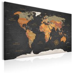 the world map is shown on an old black board with gold and orange colors,