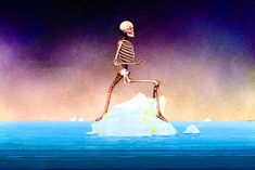 a skeleton standing on top of an iceberg in the ocean