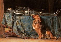 a painting of a dog sitting in front of a table with a cloth draped over it