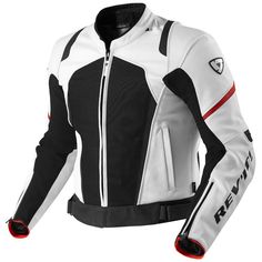 a white and black motorcycle jacket with red accents