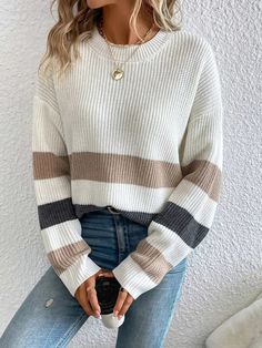 Striped Pattern Crew Neck Sweater, Casual Drop Shoulder Long Sleeve Pullover Sweater For Winter & Fall, Women's Clothing Composition: 100% Acrylic Material: Acrylic Clothes Fall, Pocket Sweater, Long Sleeve Pullover Sweater, Drop Shoulder Sweaters, Fall Outfits Women, Acrylic Material, Cropped Sweater, Hat Hairstyles, Fashion Tops