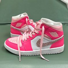 Beautiful Custom Nikes. Worn Twice, In Great Condition. Hot Pink And White With Light Pink Laces. White And Pink Nike Shoes, Bedazzled Nikes, Hot Pink Jordans, Jordans Pink, Jordan Cleats, Nike Shoes High Tops, Bedazzled Shoes, Nike Shoes Women Fashion, Dream Shoe