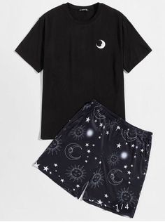 Night Wear Pajamas, Korean Casual Outfits, Short Pj Set, Galaxy Print, Moon Print, Print Shorts, Fashion Design Clothes, Teen Fashion Outfits