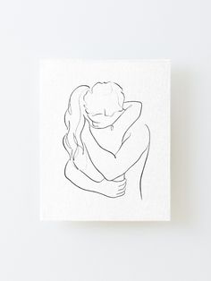 a black and white drawing of two people hugging each other on a canvas mounted to a wall