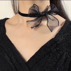 This Lovely Ribbon Bow Choker Is A Wonderful Addition To Your Wardrobe And Your! Unique And Sure To Get Lots Of Compliments! Gothic Coquette, Black Ribbon Choker, Ribbon Choker Necklace, Aries Necklace, Bow Choker, Heart Costume, Silhouette Necklace, Neck Ribbon, Abstract Pendant