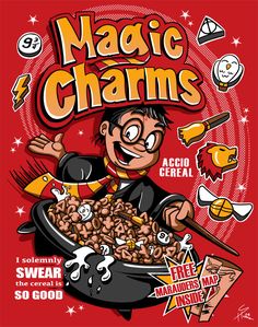 an advertisement for magic charms cereal with a cartoon character holding a bowl full of cereal