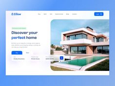 the homepage is displayed in front of a blue and white background with an image of a house