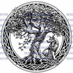 a drawing of a wolf sitting under a tree in the middle of a celtic circle