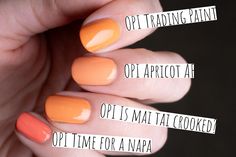 OPI Apricot AF compared to OPI Trading Paint, OPI Is mai tai crooked? and OPI Time for a Napa Trading Paint Opi, Opi Trading Paint, Opi Apricot Af, Apricot Nails, Opi Nail Colors, Pink Nail Polish, Mai Tai, Popular Nails