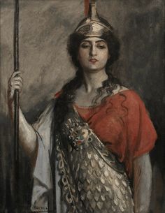 a painting of a woman with a golden headdress and holding a staff in her hand