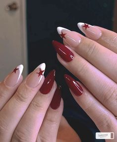 Cool Nail Patterns, Nail Inspo Rockstar Gf, Red French Tip Nails Design, Rockstar Nails Acrylic, Cherry Almond Nails, Pretty Nails Coffin, Rockstar Gf Nails, Nails Acrylic Red, Nails 90s