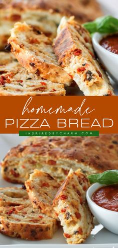 homemade pizza bread with marinara sauce and basil leaves on the side, in white serving dish