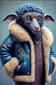 a sheep wearing glasses and a jacket with fur on it's head, standing in front of a dark background