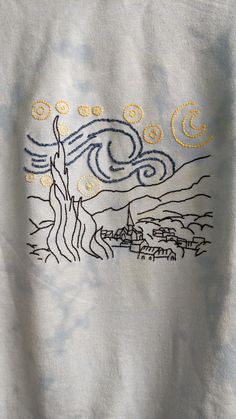 Van Gogh, Starry night, sticken, embroidery, Stembroidery, Backstitch, french knot, chain stitch Vincent Van Gogh Embroidery, Embroidery Patterns Hoodie, Embroidery Hoodie Diy, Embroidered Hoodie Diy, Hoodie Embroidery Ideas, Van Gogh Hoodie, Diy Embroidery Shirt, Phone Case Diy Paint, Jacket Embroidery