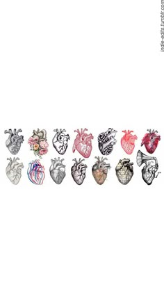 an assortment of heart shaped brooches on a white background