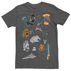 a star wars t - shirt with various stickers on it