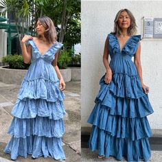 Boho ruffle maxi dress with strings to tie at the back. Elastic waist. 4 layered at the skirt part. Lined. 100% cotton. Color Blue. Measurements: One size will fit US size 2-20 Bust up to 45 inches around. Neck deep 10 inches. (Front) and 13 inches deep in the back. Waist 20 stretch up to 45 inches. Hip up to 54 inches. Length 54 inches. CARE: Machine wash cold. This dress already been wash. Deep V Neck Wedding Dress, Layer Maxi Dress, Wedding Dress Maternity, Wedding Dress Blue, Dress Deep V Neck, Maxi Dress Boho, Dress Deep V, Neck Wedding Dress, Pregnant Wedding Dress