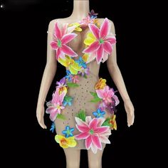 Custom Made Dress New Size Large 2025 Graduate, Theme Carnaval, Long Flower Dress, Wedding Dancing, Dresses Nightclub, Dancing Party, Flowers Dress, Transparent Flowers, Masquerade Costumes