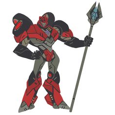 a stylized image of a robot holding a spear and wearing an armor with red accents