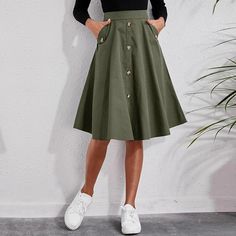 Wide Waistband Skirt, Elegant Midi Skirt, Work Outfits Frauen, Ruffle Hem Skirt, Umbrella Skirt, Button Skirt, Knee Skirts, Mid Length Skirts, Plus Size Skirts