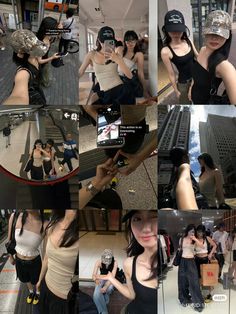 several pictures of women in various poses with their cell phones