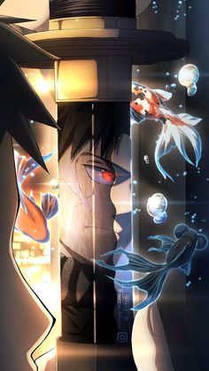 an anime character with red eyes and black hair, standing in front of a fish tank