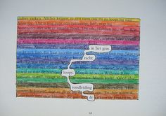 a piece of paper with words written in different languages on it, and a rainbow background