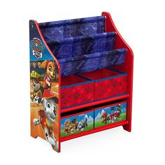 the paw patrol toy chest is red and blue with paw patrol pictures on it's sides