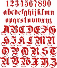 an old english alphabet with red ink