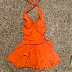 Orange One Piece Swimsuit New Without Tags Sz Xl Fits Small. 2-Layer Ruffle. From Smoke Free Hone. Orange One Piece Swimsuit, Orange Y2k, Holiday Fits, Retro Bathing Suits, Orange One Piece, 2000s Outfit, Dress Swimsuit, Orange Fits, Orange Swimsuit