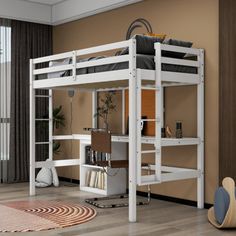 a white bunk bed sitting on top of a hard wood floor next to a window