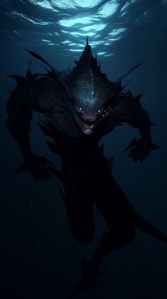 an underwater creature with its mouth open and teeth out, in the dark blue water