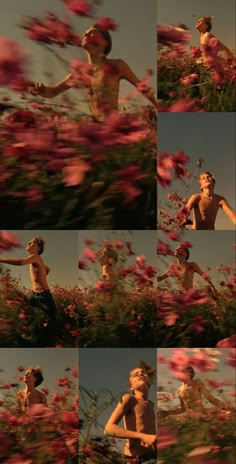 multiple shots of a young man running through flowers in the sun with his shirt off