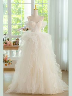 Item Descriptions: Product Code: DE593Length: Floor LengthFabric: Tulle, LaceBack Style: Lace UpBuilt-In Bra: YesShown Color:... Floor-length Tulle Wedding Dress With Sheer Bodice, White Organza Floor-length Dress, White Ball Gown With Sweetheart Neckline For Banquet, White Organza Ball Gown For Banquet, Cream Floor-length Evening Dress For Prom, Bridal Dresses With Sweetheart Neckline For Prom Season, Bride Dresses For Prom Season With Sweetheart Neckline, White Ball Gown With Sweep Train, Banquet Tulle Gown With Boned Bodice