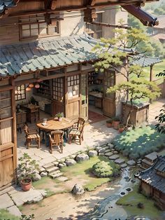 a painting of a japanese house with an outdoor dining area