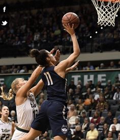 two women playing basketball in front of an audience