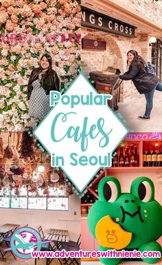 two women standing in front of a store with flowers on the wall and an advertisement for popular cafes in seoul