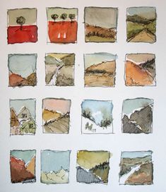 nine watercolor paintings of mountains and hills in different colors on a white paper background