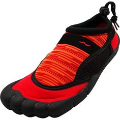 a red and black shoe with an orange stripe