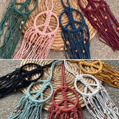 four different colors of macrame on the ground and one with beads in it