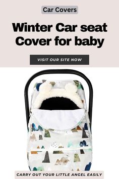 the car seat cover for baby is shown in white and black with an image of a bear