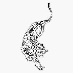 a black and white drawing of a tiger on a white background, with the tail curled up