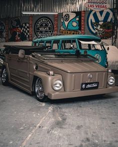 an old truck is parked in a garage